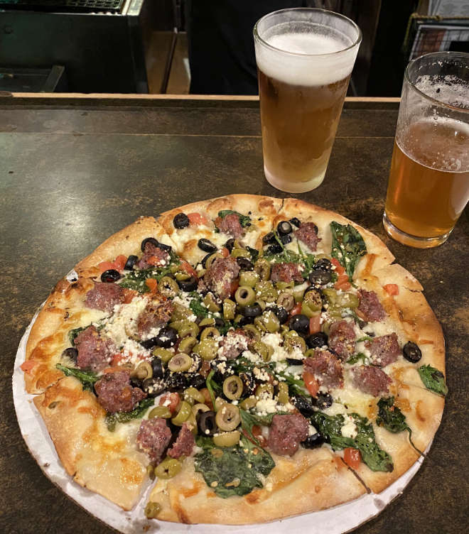 Ambassador Greek Pizza (with added sausage)